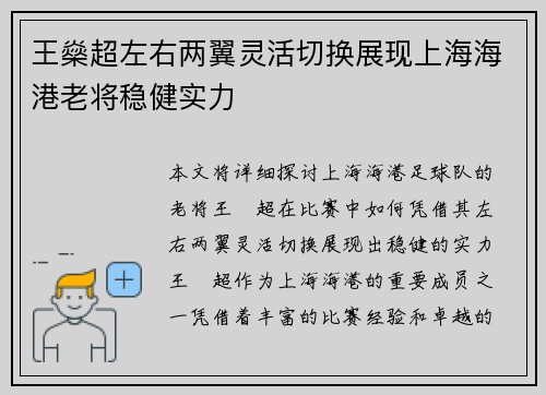 王燊超左右两翼灵活切换展现上海海港老将稳健实力